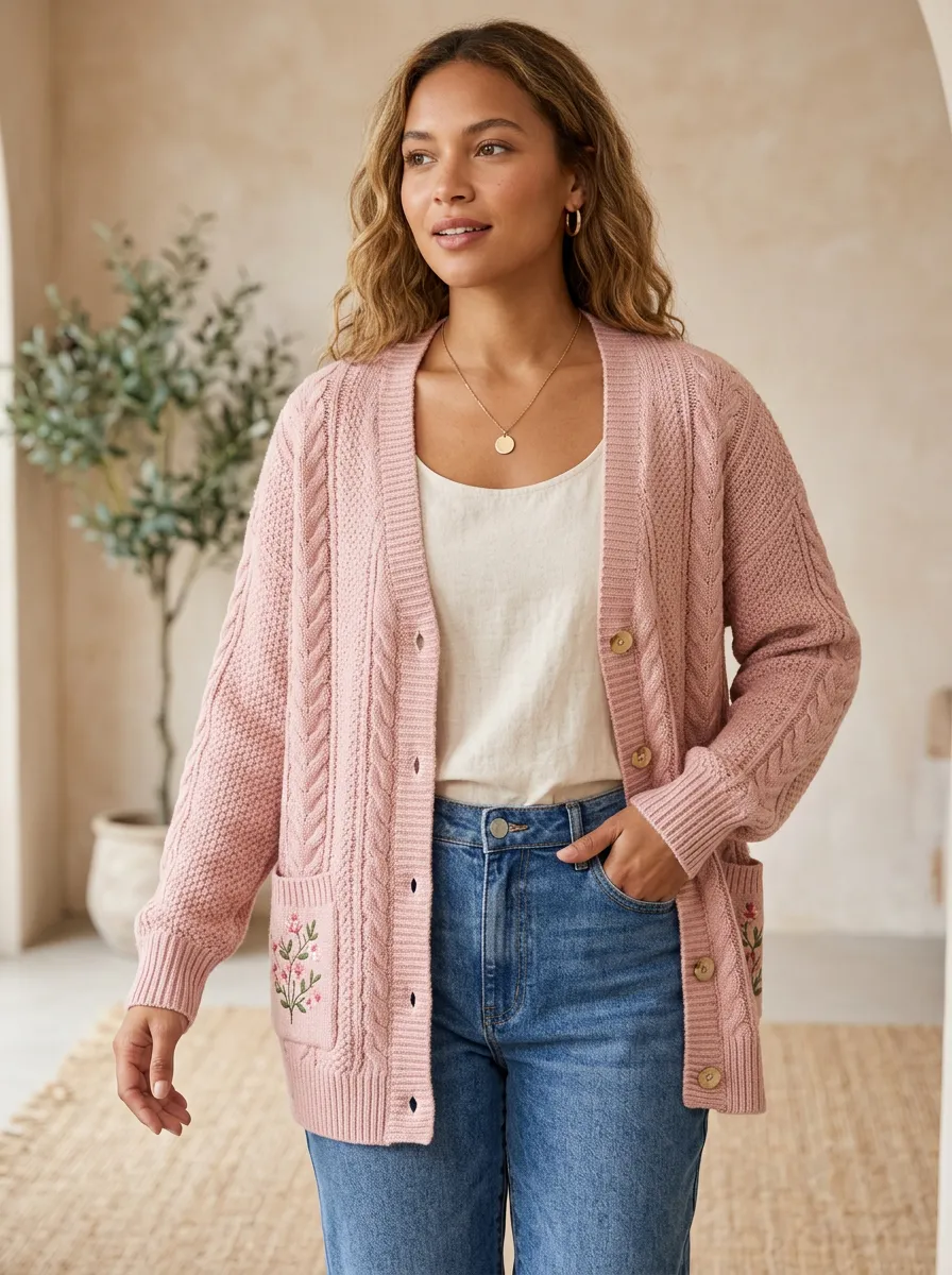 Women's Dusty Pink Cable Knit Embroidered Cardigan