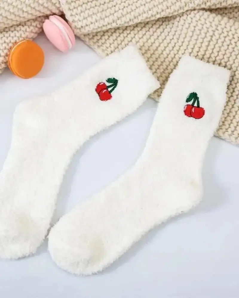 Plush Cherry Embroidered Knee High Socks