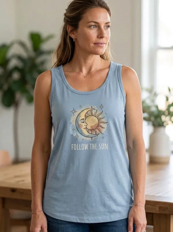 Women's Celestial Follow The Sun Moon And Sun Printed Tank Top