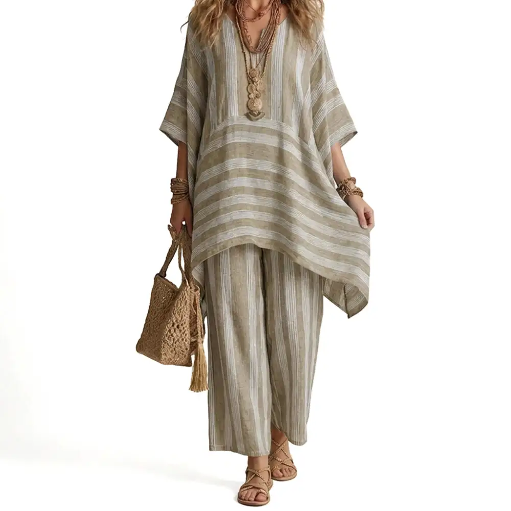 🌸Women's Loose V-Neck Striped 2-Piece Casual Set – Relaxed Oversized Fit & Effortless Style 🌿