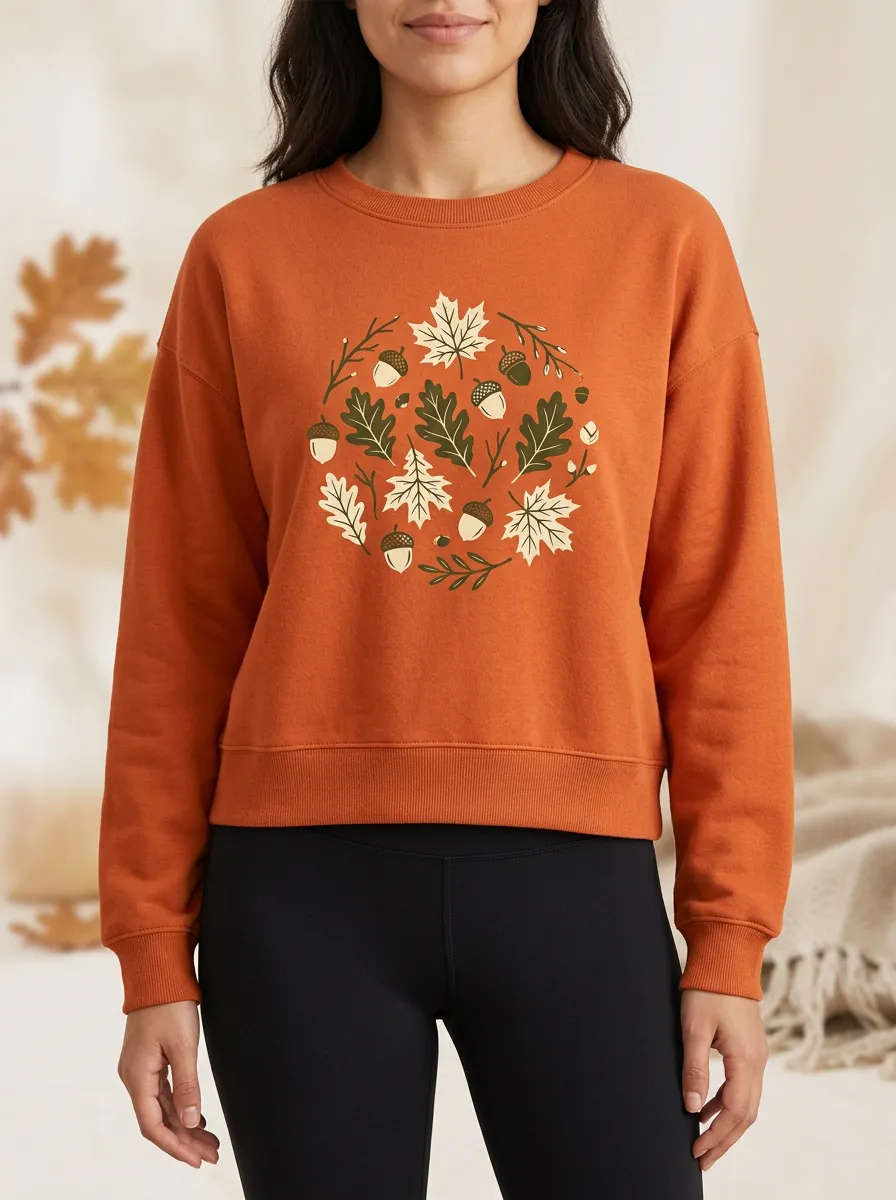 Soft Printed Acorn Leaf-Motif Graphic Sweatshirt