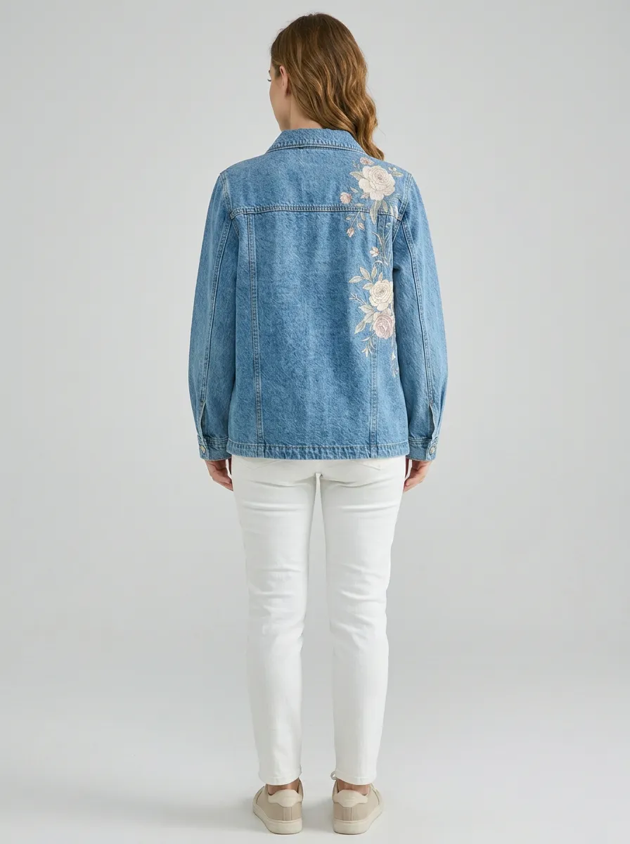 Women's Vintage Floral Rose Printed Denim Jacket