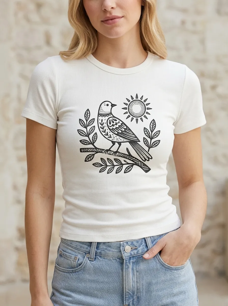Women's Nature Lover Bird Sun Branch Printed T-shirt