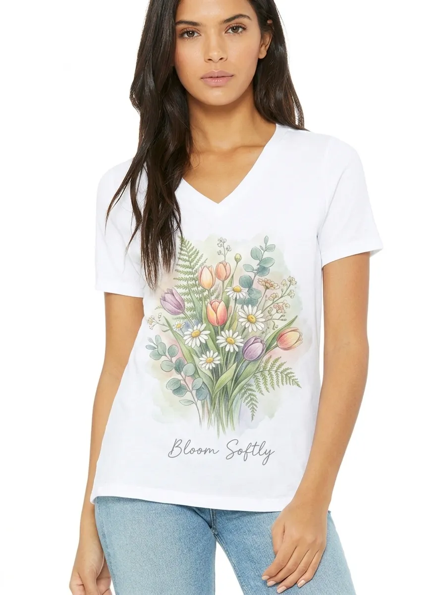 Women's Floral Lover Bloom Softly Watercolor Bouquet Printed V-neck T-shirt