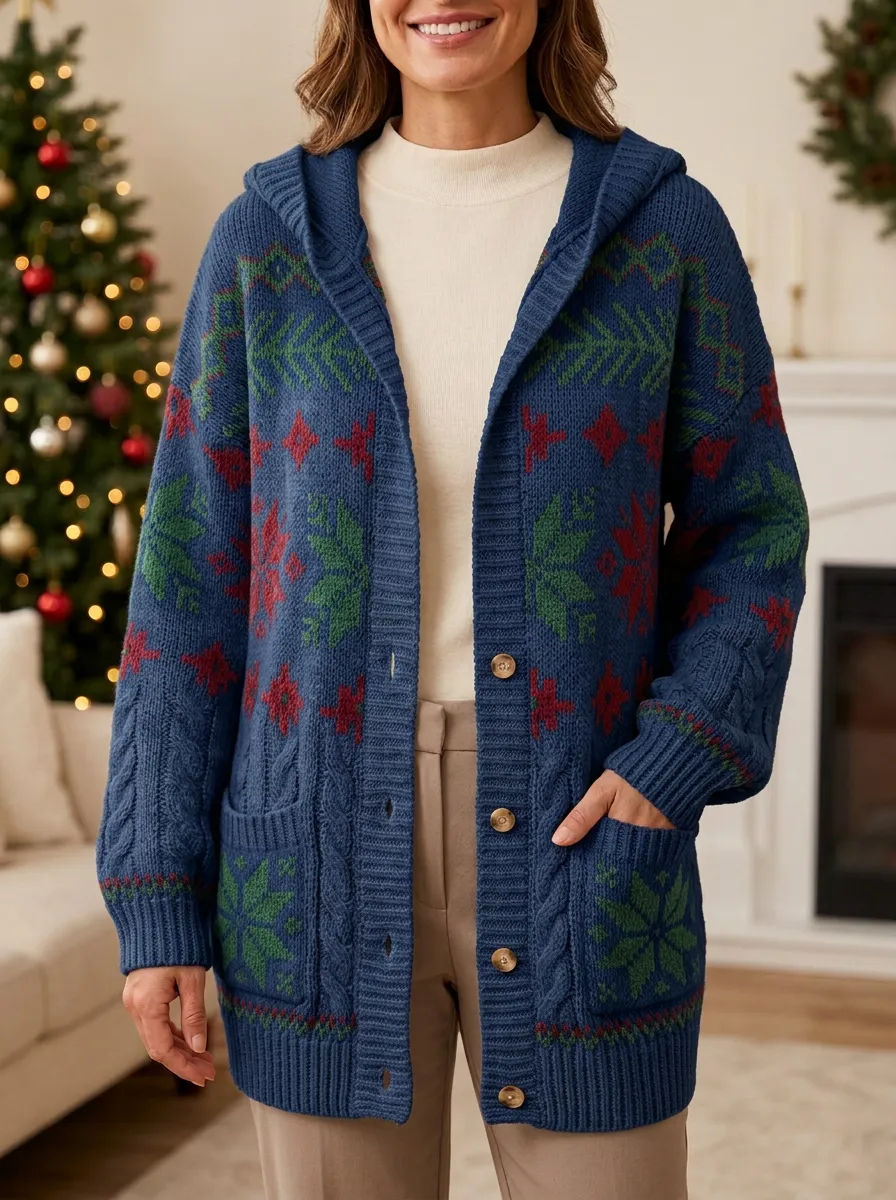 Christmas Snowflake Fair Isle Knit Hooded Cardigan