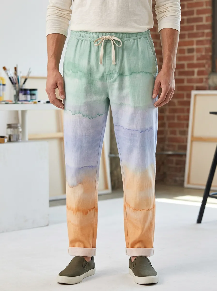 Men's Casual Beachwear Watercolor Gradient Printed Pants