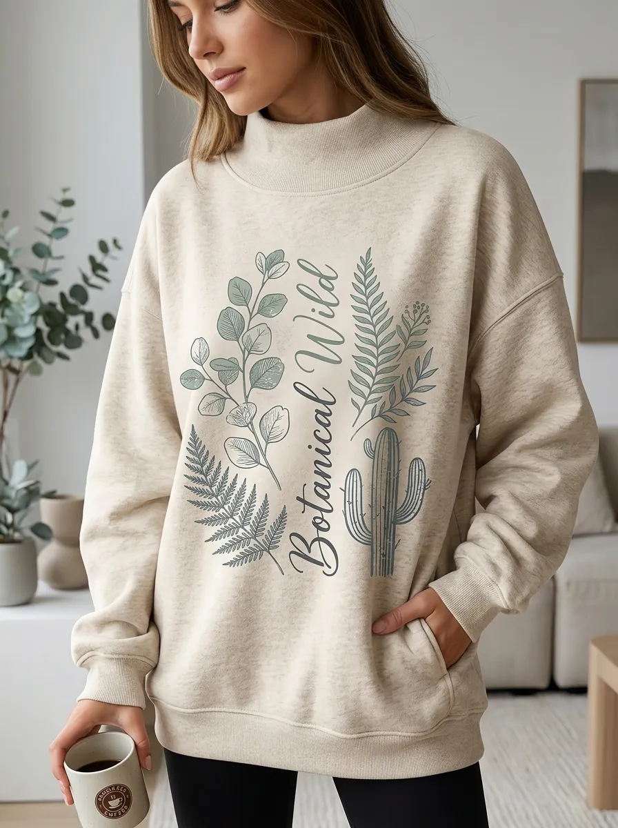 Botanical Wild Cactus Fern Mock Neck Sweatshirt