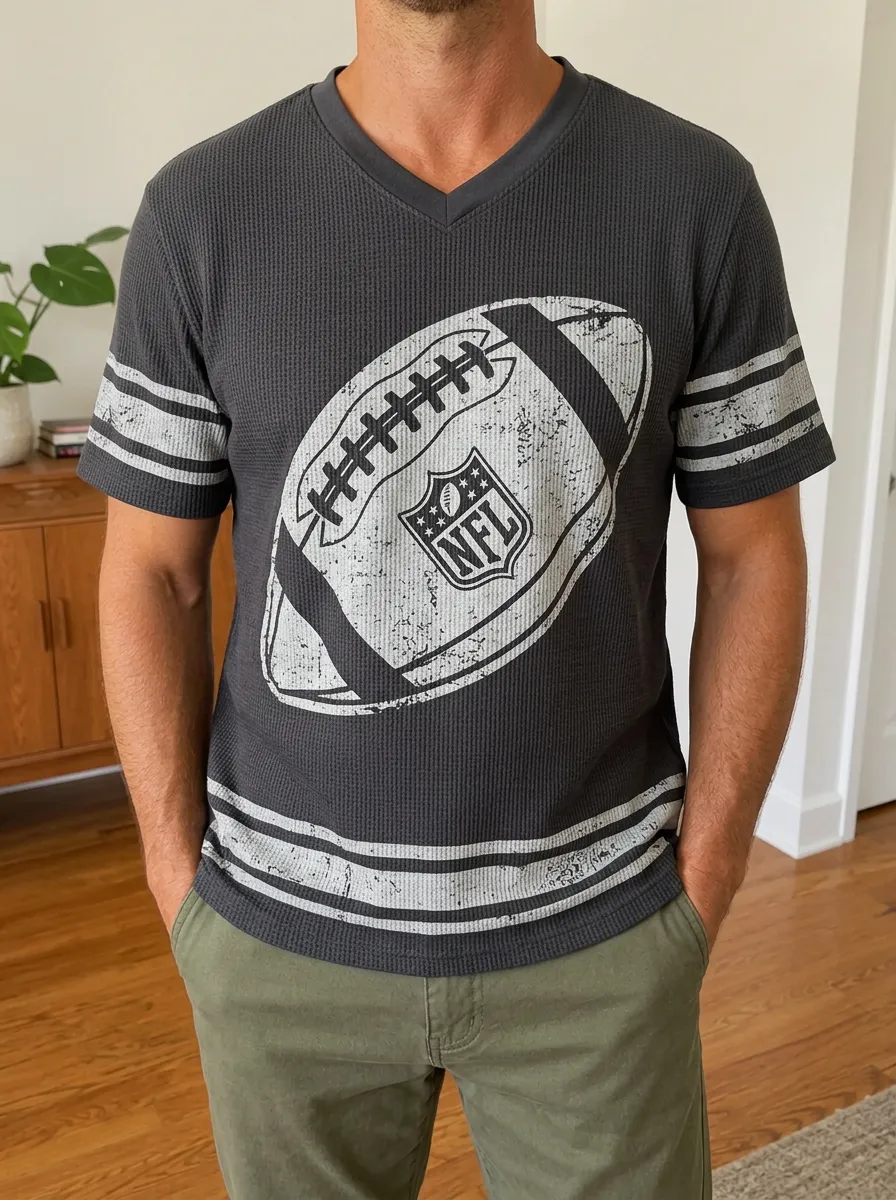 Men's Football Fan Distressed Graphic Printed Waffle V-Neck Top