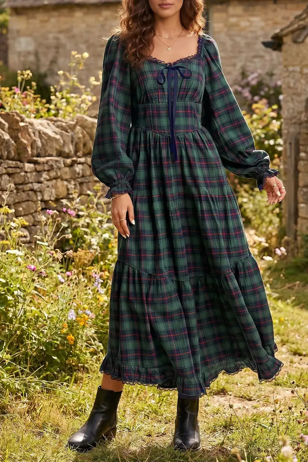 Plaid Long Sleeve Tiered Midi Dress