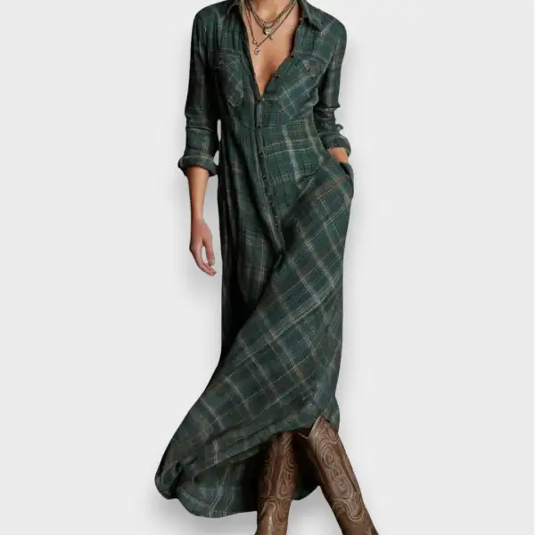 Pocket Detail Shirt Style Check Pattern Casual Dress