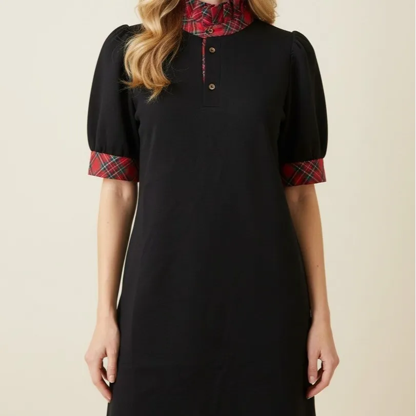 Plaid Ruffle Detail Puff Sleeve Shift Dress