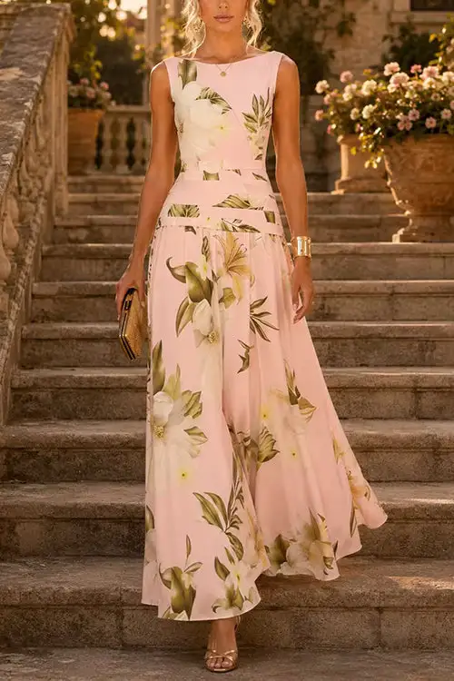 Margovil Boat Neck Sleeveless Floral Print A-line Maxi Dress