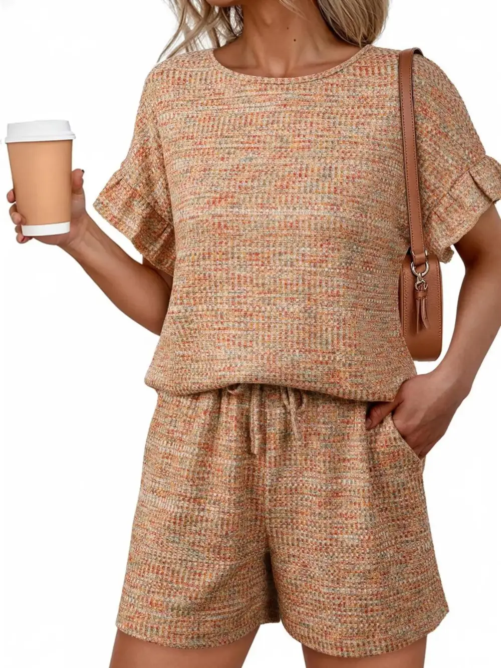 Ruffle Sleeve Textured Top Shorts Set