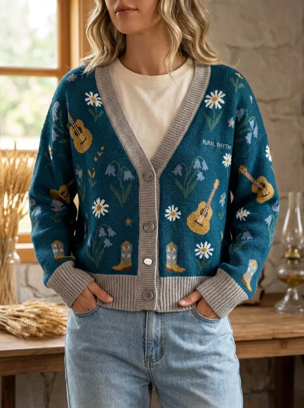 Guitar Cowboy-Boot Women's Country Music Casual Cardigan