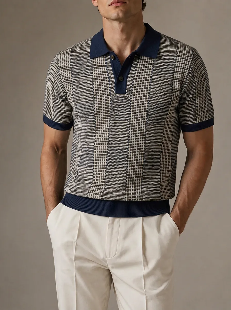 Men's Vintage Style Houndstooth Pattern Knitted Polo Shirt