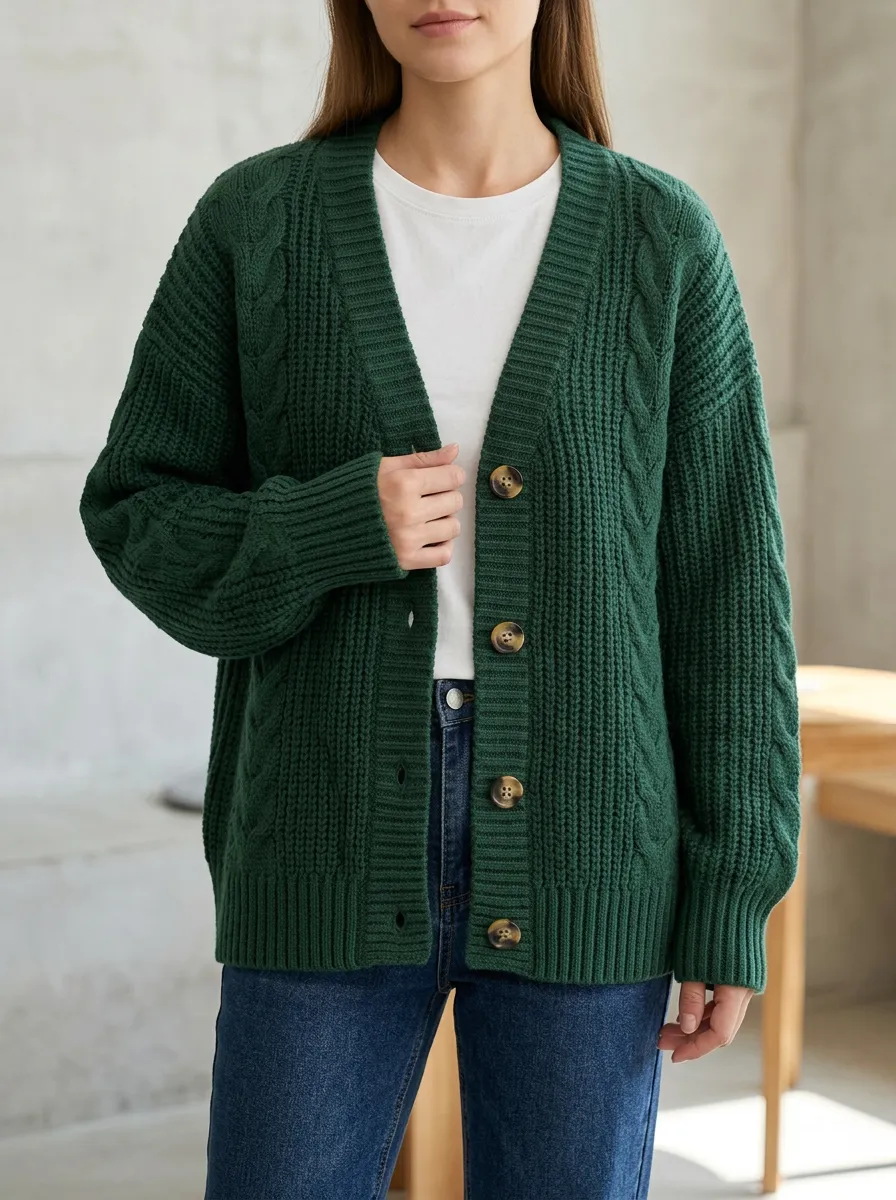 Women's Classic Layered Cable Knit Button Front V Neck Cardigan
