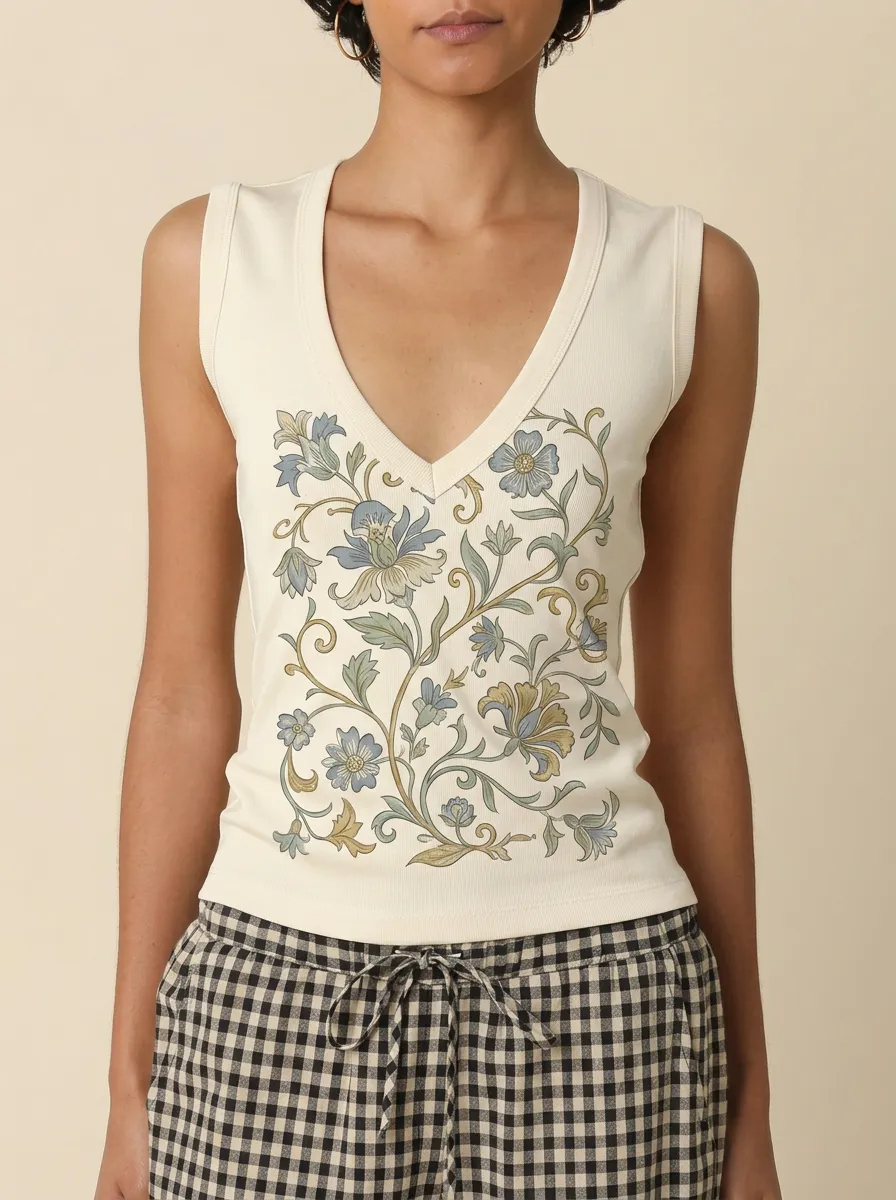 Women's Vintage Floral Botanical Printed V-neck Tank Top