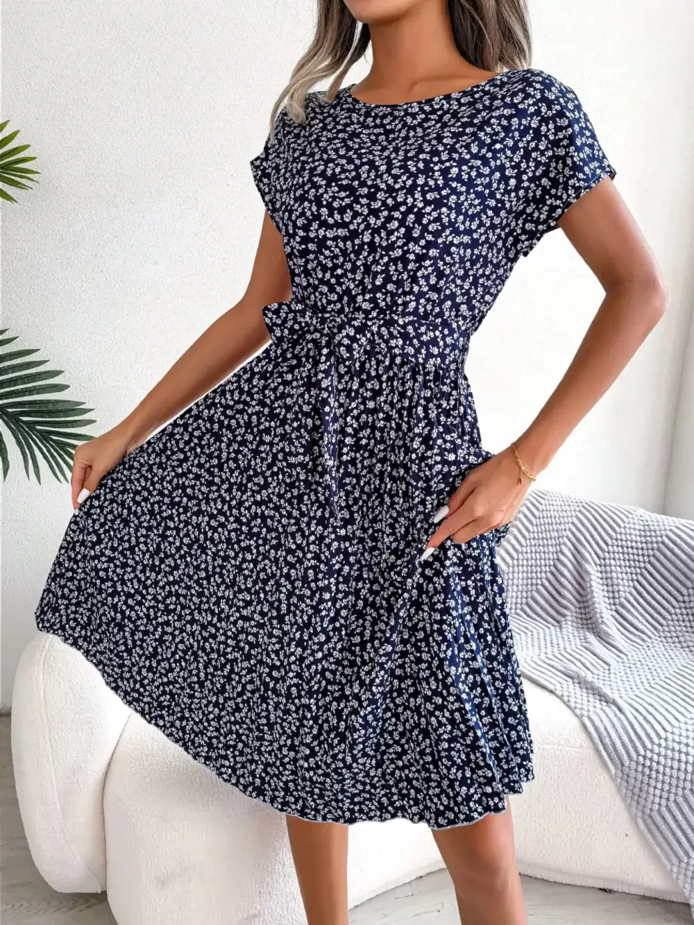 Pleated Midi Dress with Belt