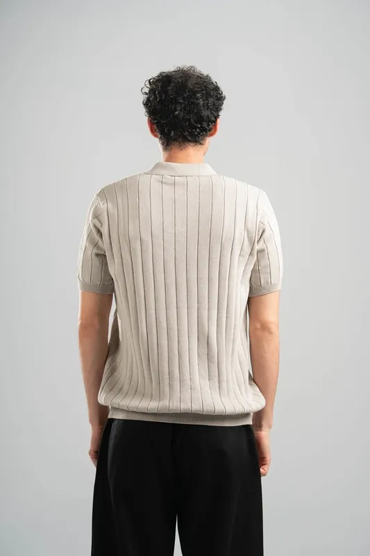 Beige Line Texture Knit Polo Shirt
