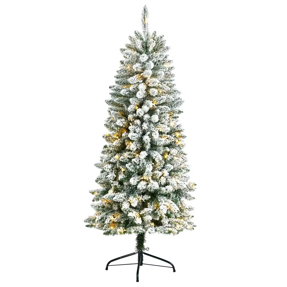 Artificial Slim Flocked Montreal Fir Christmas Tree with Warm LED Lights and Bendable Branches