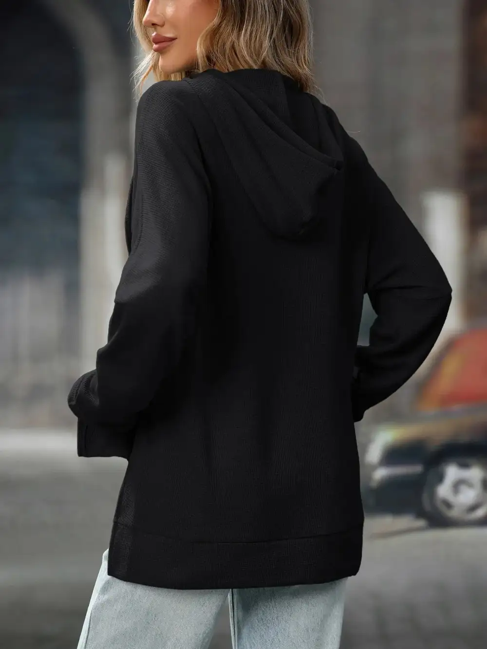 Refined Drawstring Pocketed Long-Sleeve Textured Hoodie