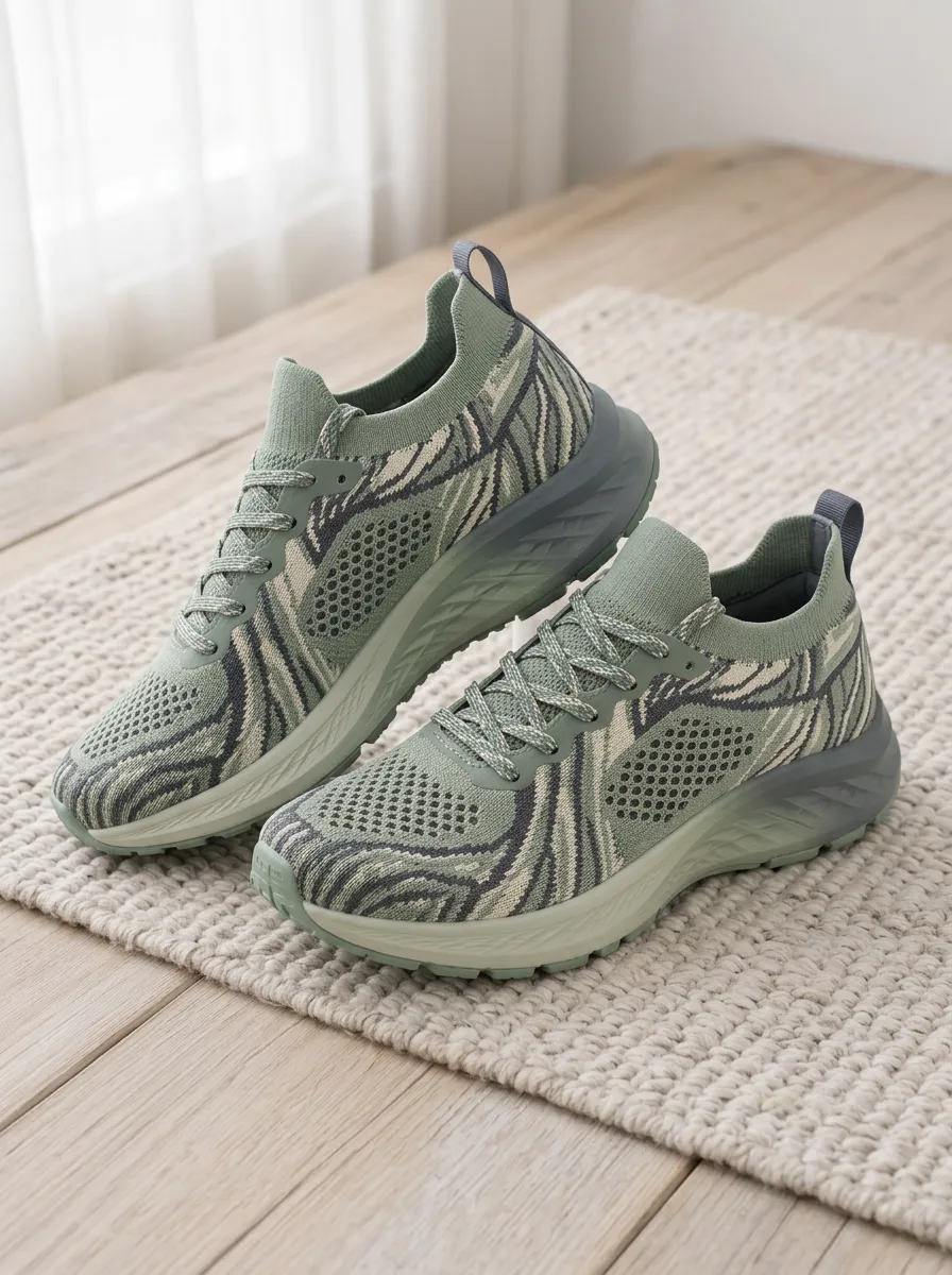 Women's Sage Green Abstract Wave Pattern Printed Sneakers