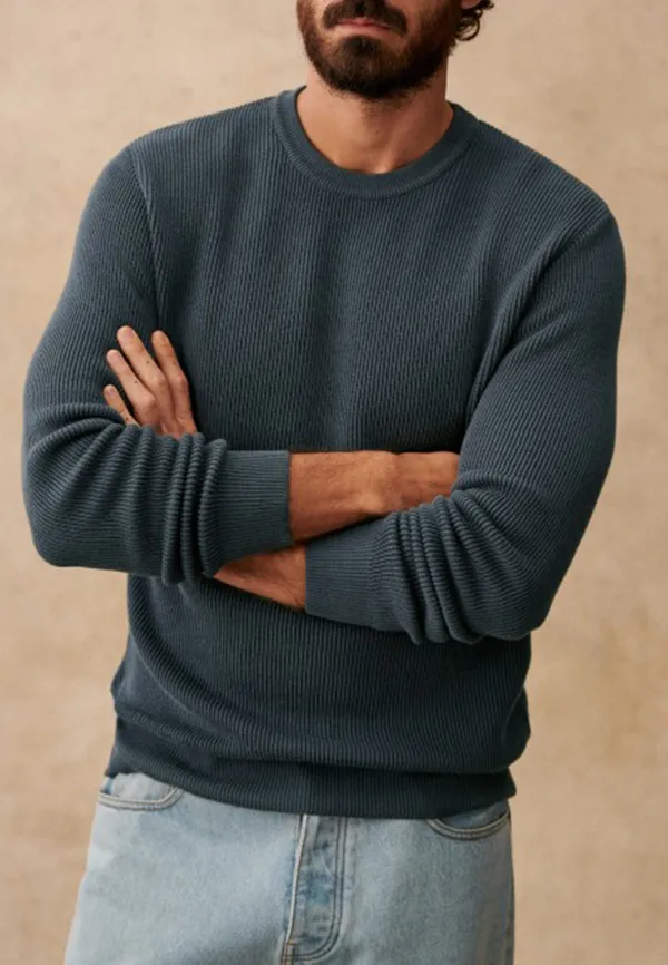 Steel Blue Ribbed Knit Crew Neck Sweater