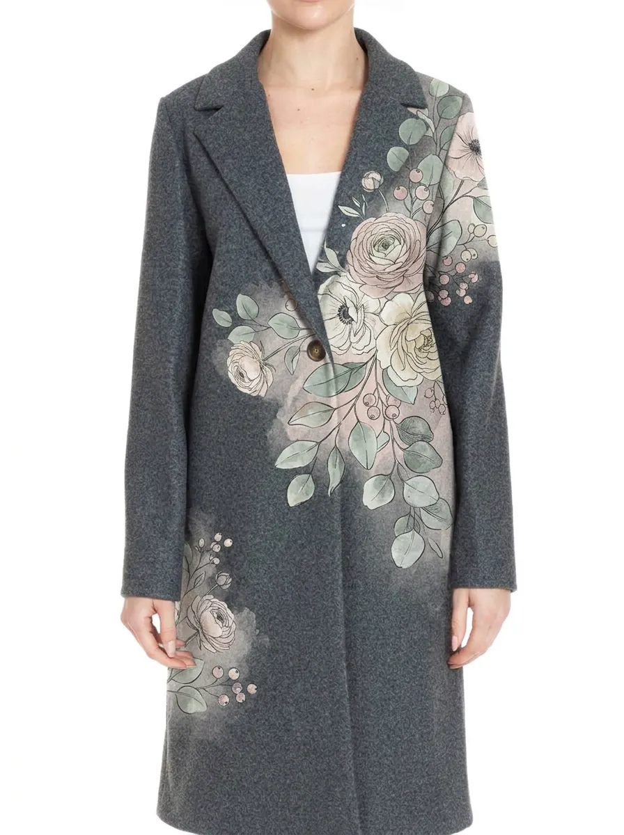 Women's Floral Botanical Watercolor Printed Wool Coat