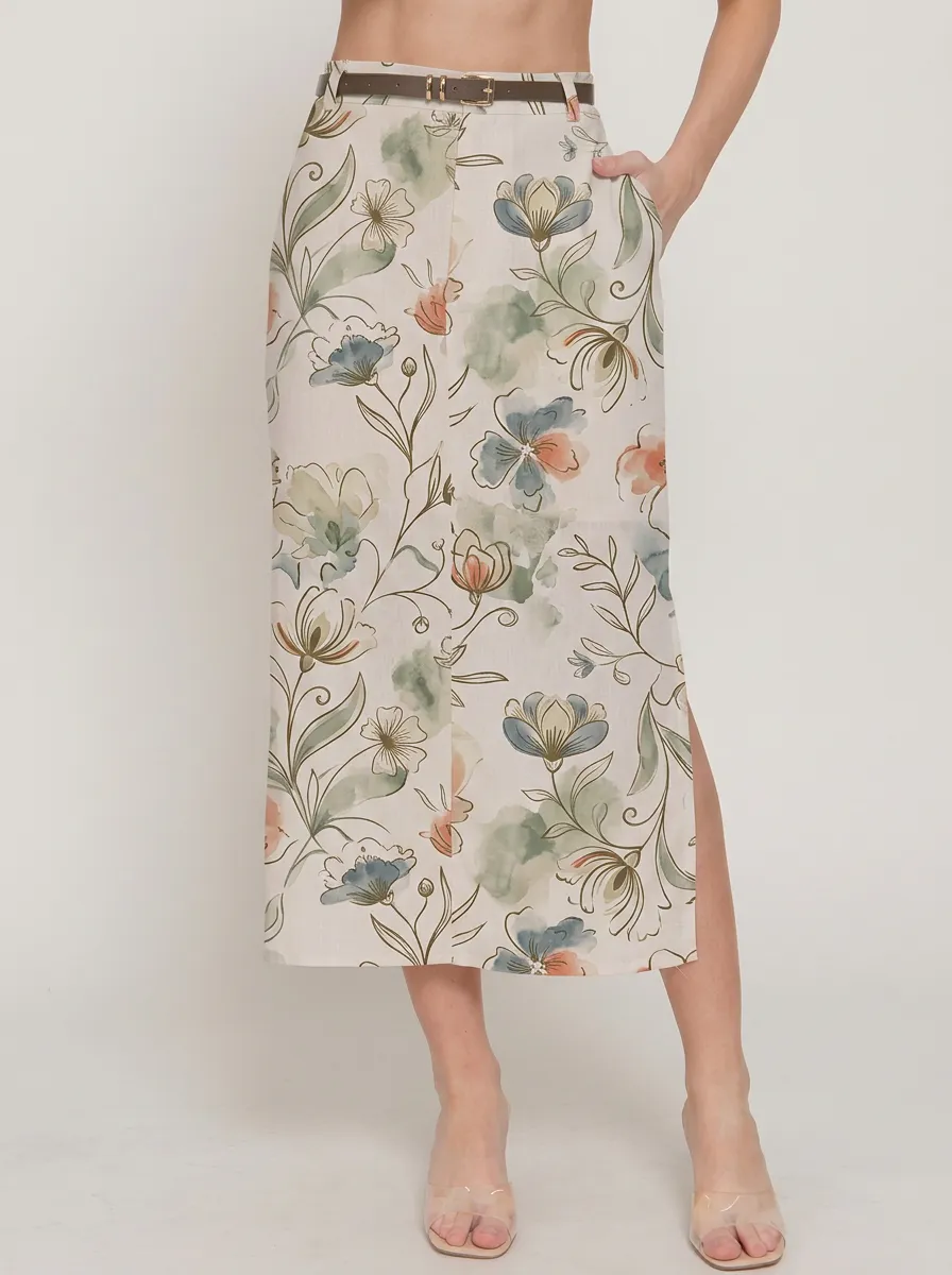 Women's Botanical Floral Watercolor Printed Midi Skirt