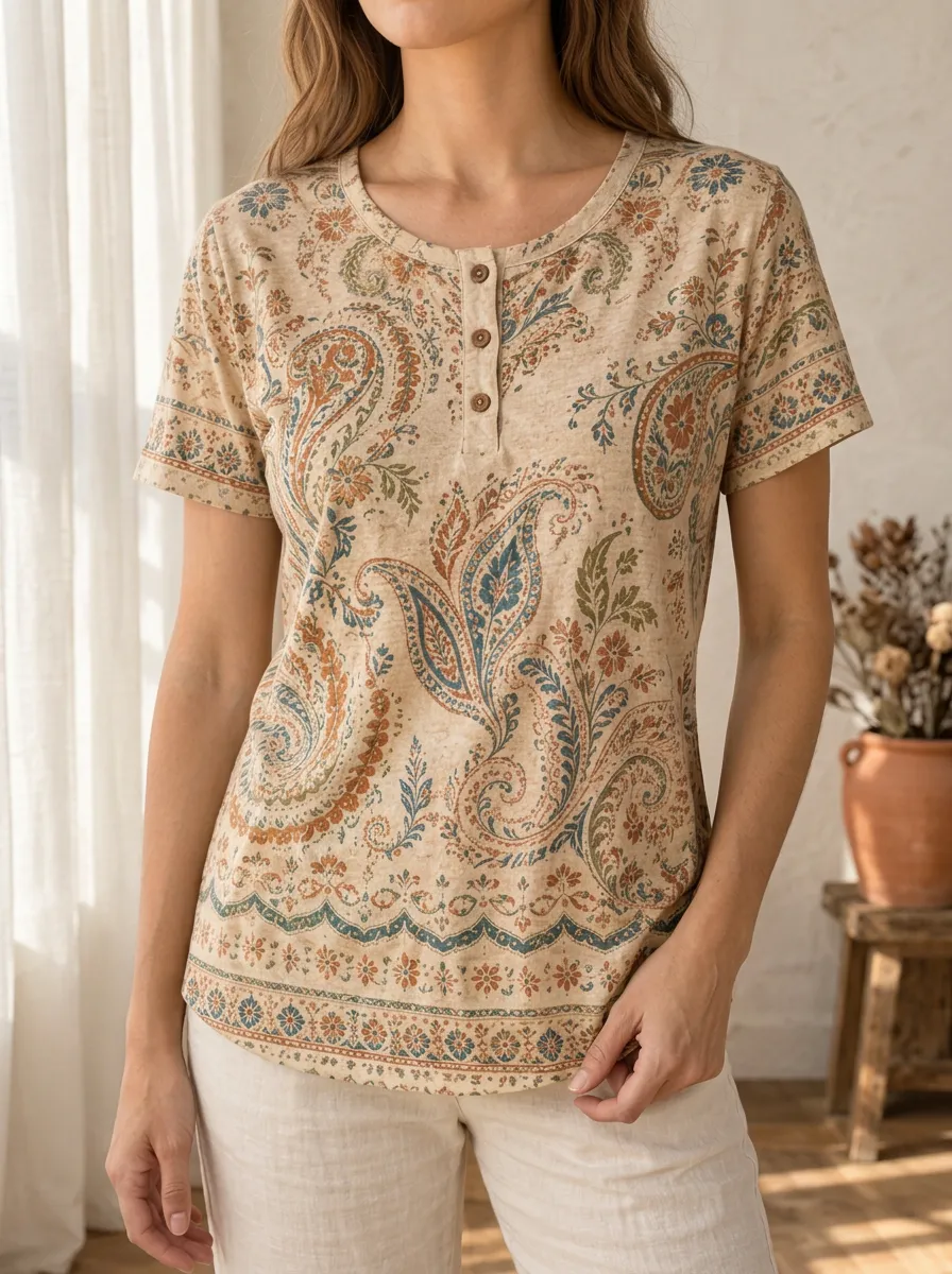 Women's Relaxed Vintage Paisley Floral Henley T-Shirt