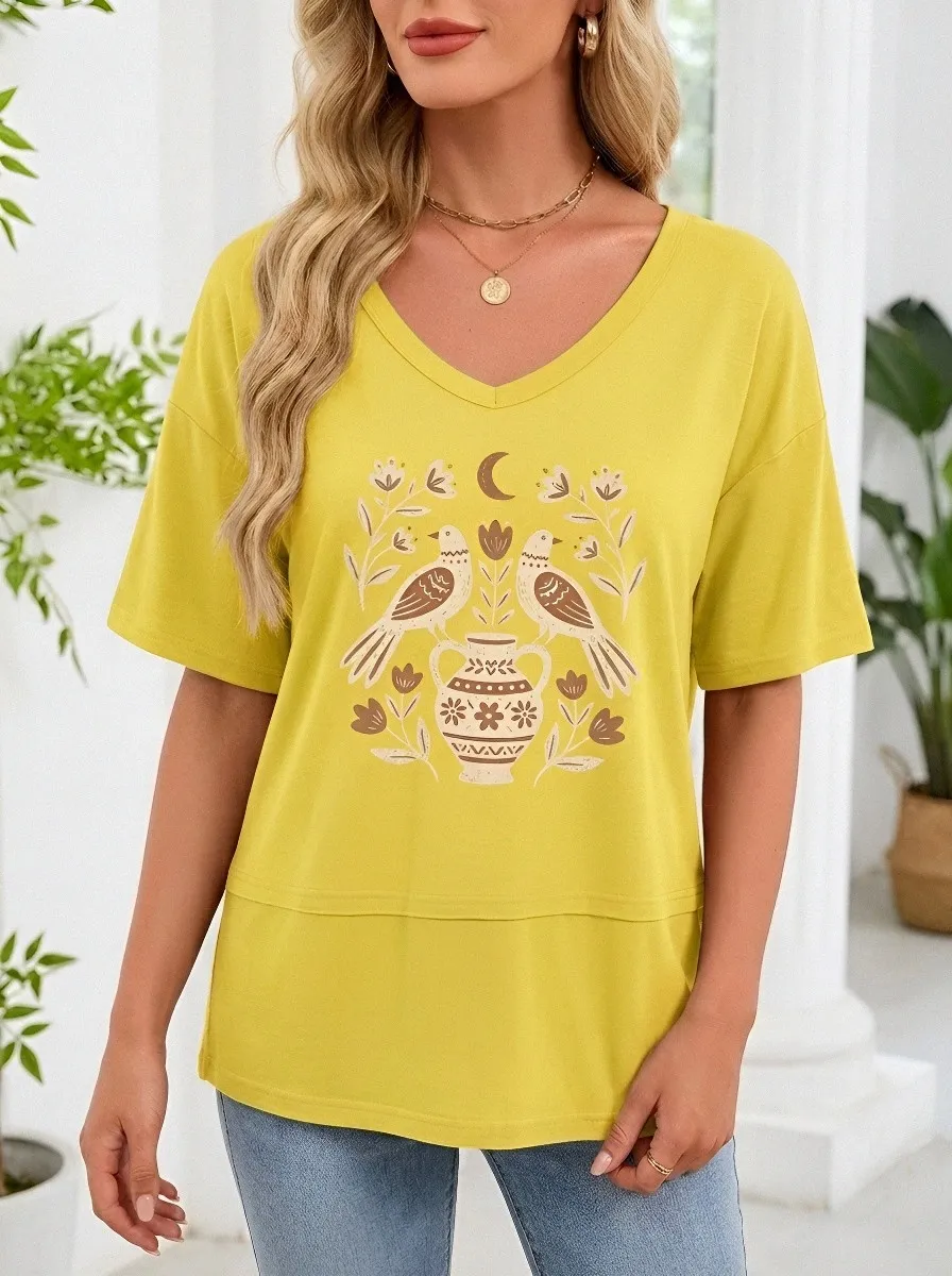 Women's Boho Bird Floral Vase Moon Printed V-Neck T-Shirt