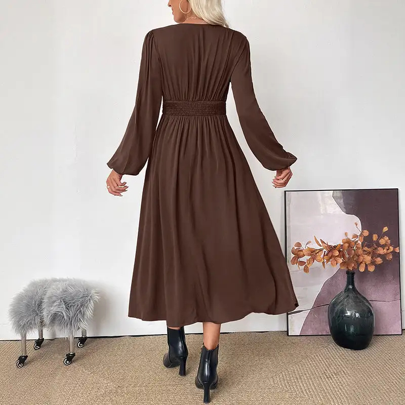 Women's V-Neck Long-Sleeve Pocketed Maxi Dress