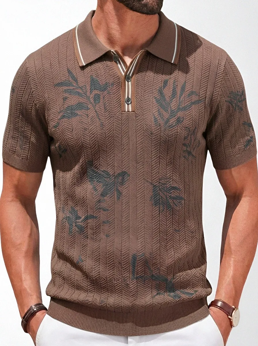 Men's Casual Tropical Leaf Pattern Printed Polo Shirt