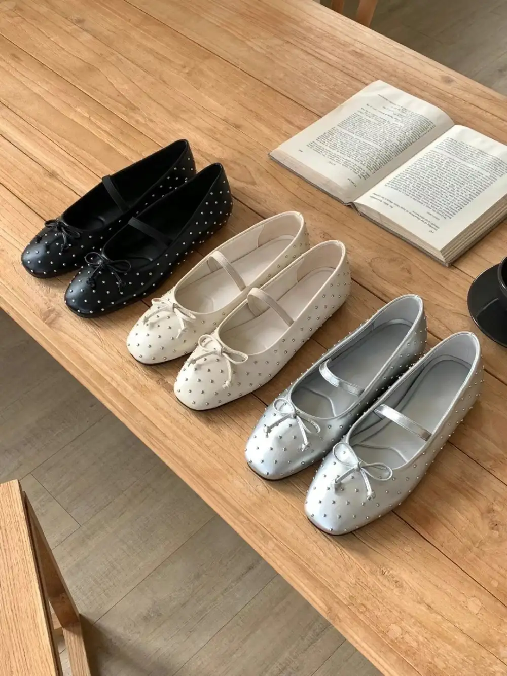 Faux Leather Beaded Ballet Flats