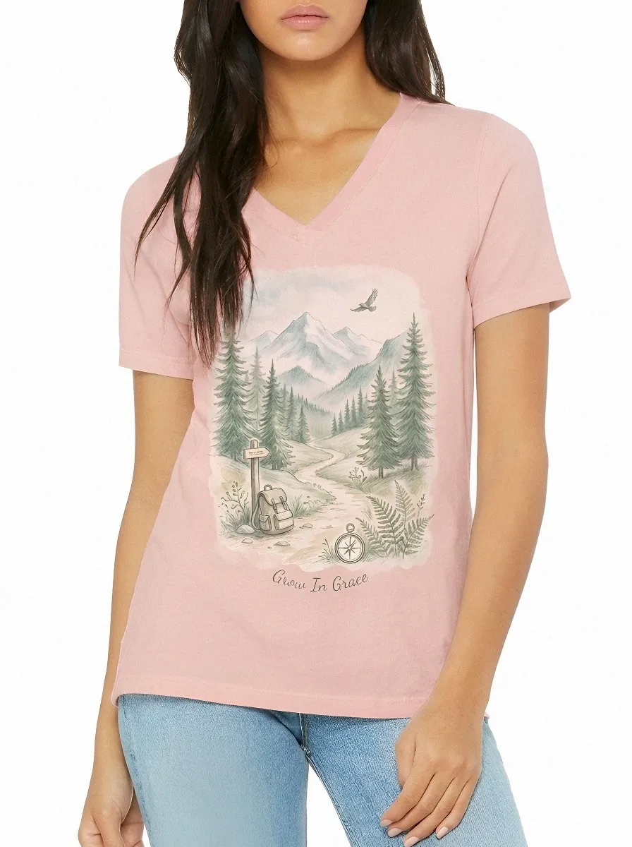 Women's Nature Hiking Lover Mountain Forest Printed V-neck T-shirt