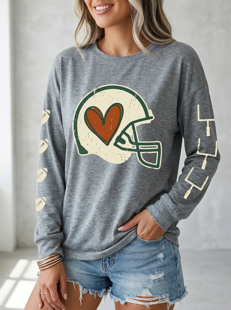 Women's Helmet Football Ball Long Sleeve Graphic T-Shirt