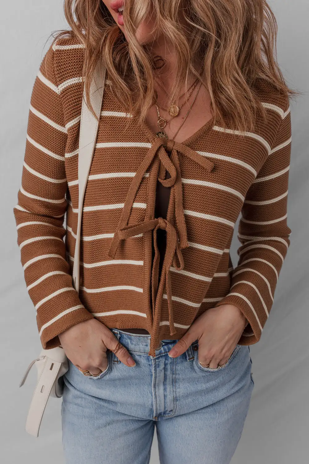 Tie Front Striped Knit V Neck Cardigan