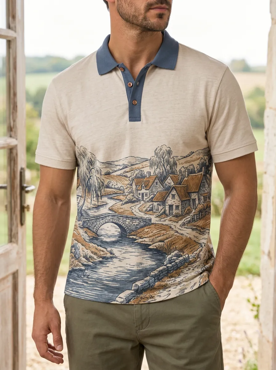 Men's Countryside Landscape Village Bridge Printed Polo Shirt