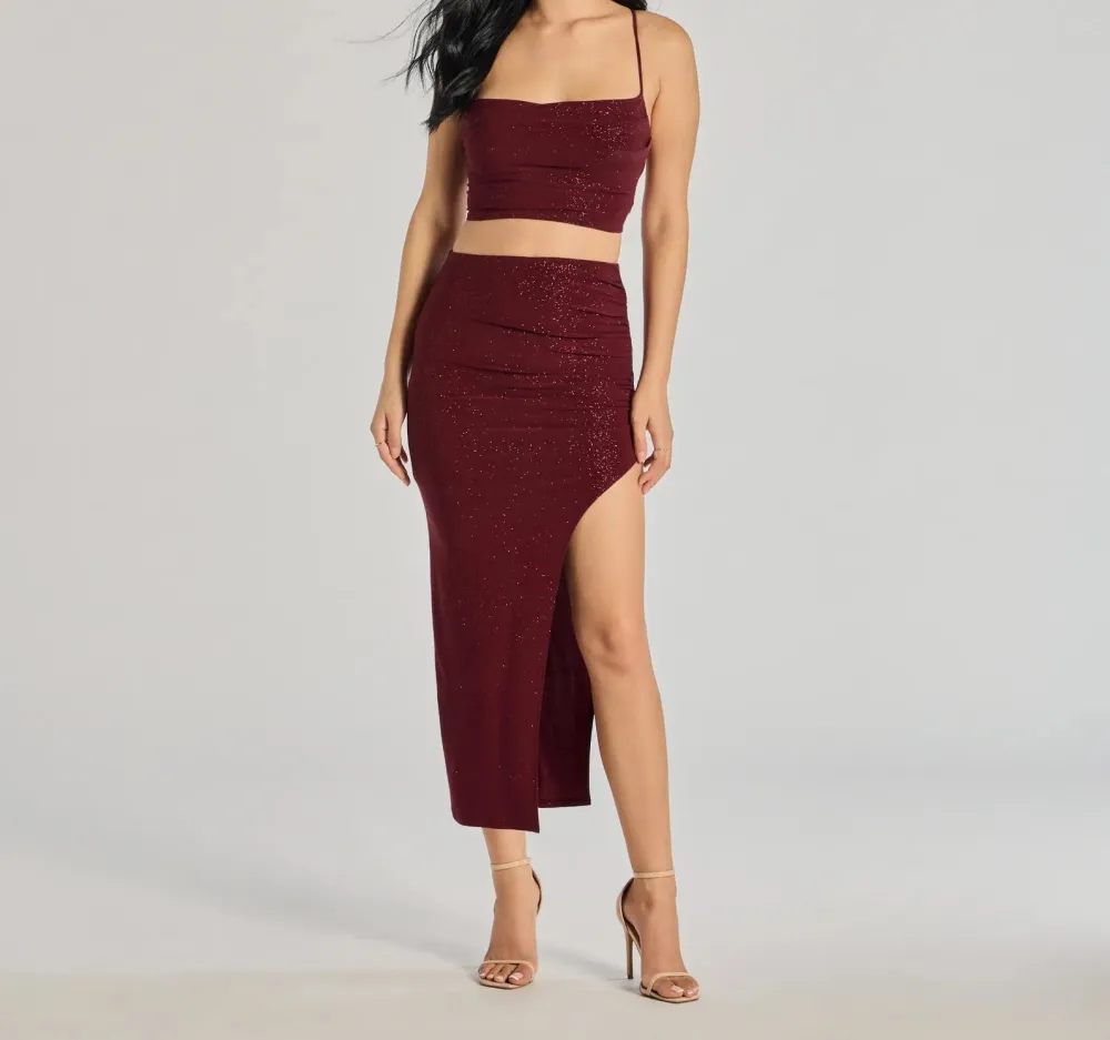 Burgundy Glitter High-Rise High-Slit Midi Skirt