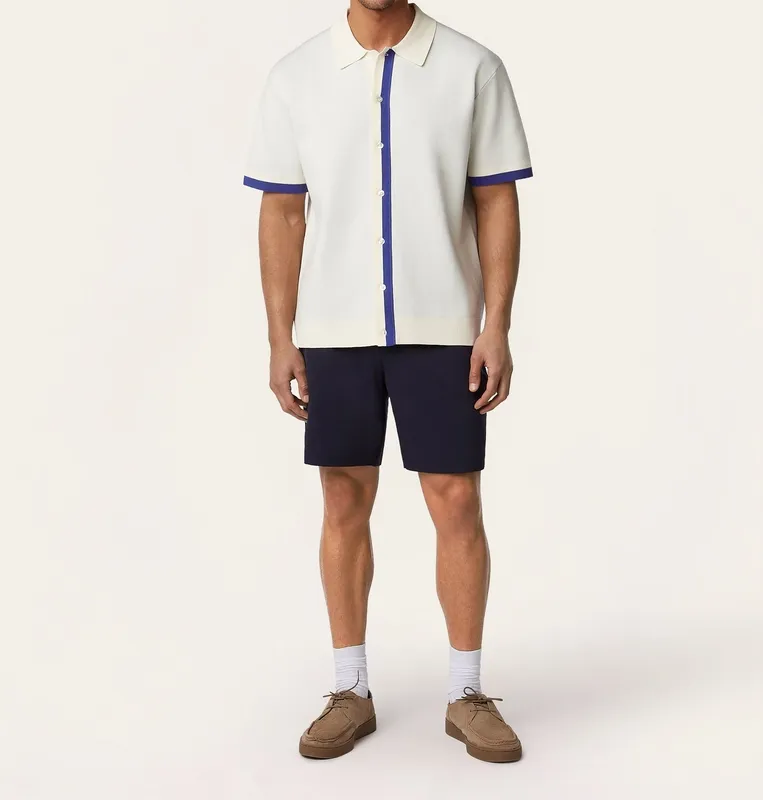 Jacquard Short Sleeve Shirt Off White / Cobalt Blue