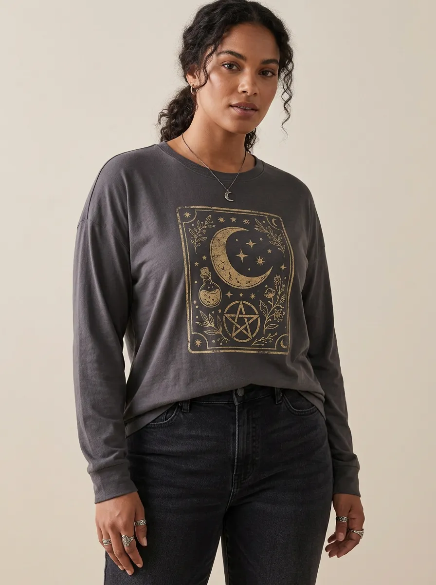 Women's Halloween Celestial Moon Pentagram Potion Printed Long Sleeve Top