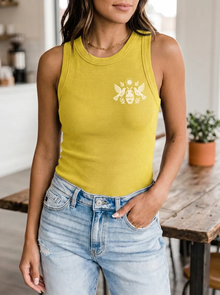 Women's Boho Aesthetic Dove Vase Sun Printed Ribbed Tank Top