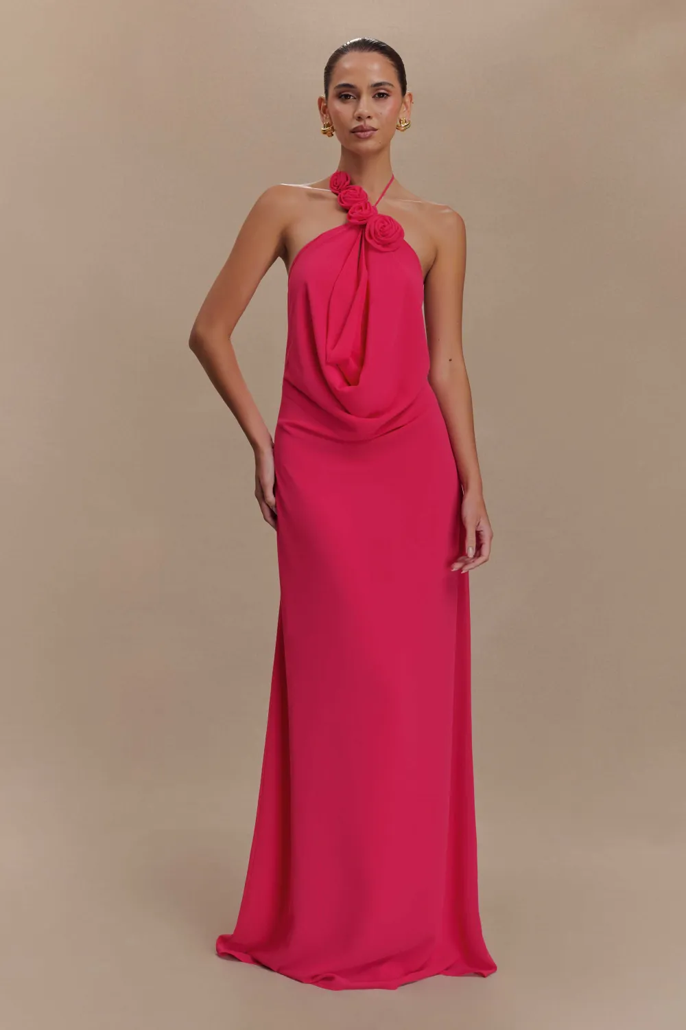 3D Flower Chiffon Halter Neck Maxi Dress