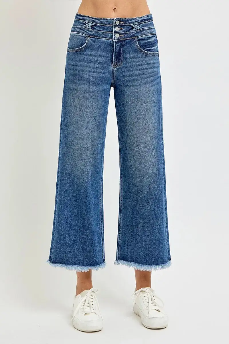 High Rise Crop Wide Leg Jeans With Wide Band Detail