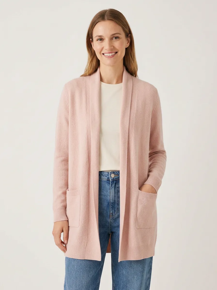 Women's Casual Minimalist Floral Embroidered Pink Open Cardigan