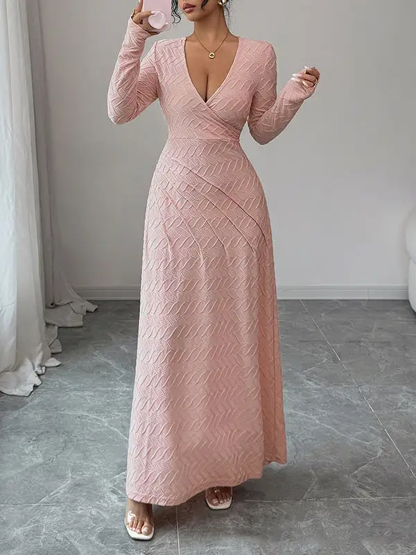 Deep Pleated Long Neck Maxi Dress