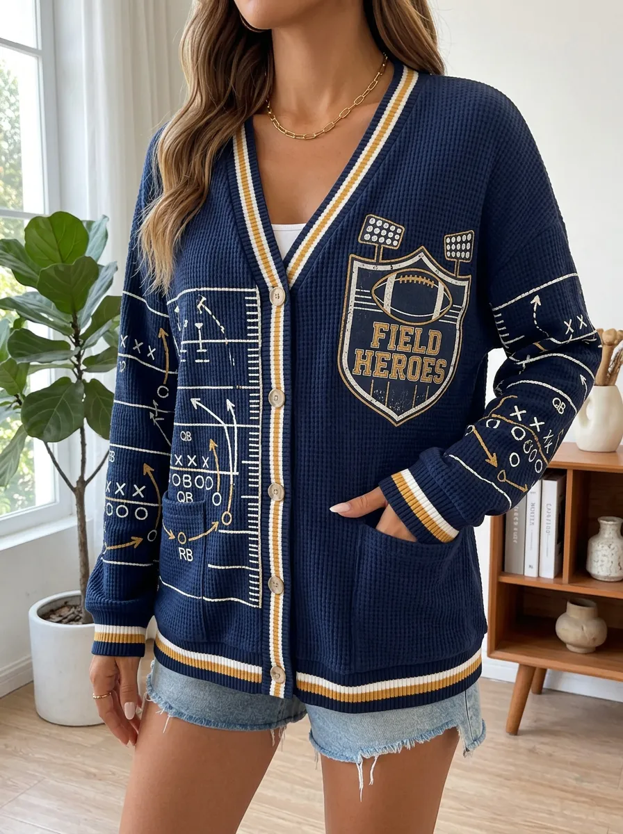 Women's Football Fan Field Heroes Playbook Printed Waffle Cardigan