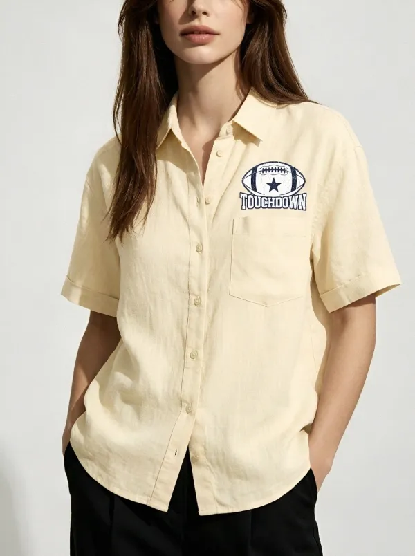 Women's American Football Fan Touchdown Star Printed Linen Shirt