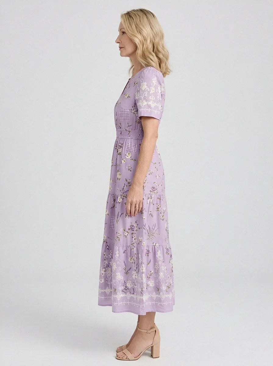 Women's Summer Vacation Lavender Floral Printed Midi Dress
