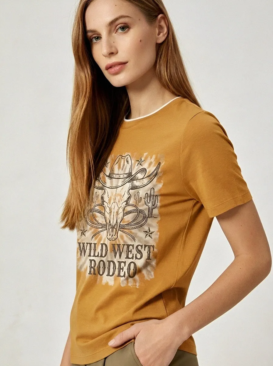 Women's Wild West Rodeo Cowboy Skull Printed T-shirt